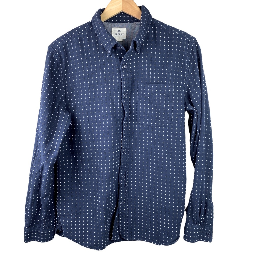 Sperry long sleeve 100% cotton navy & white dot textured button down L